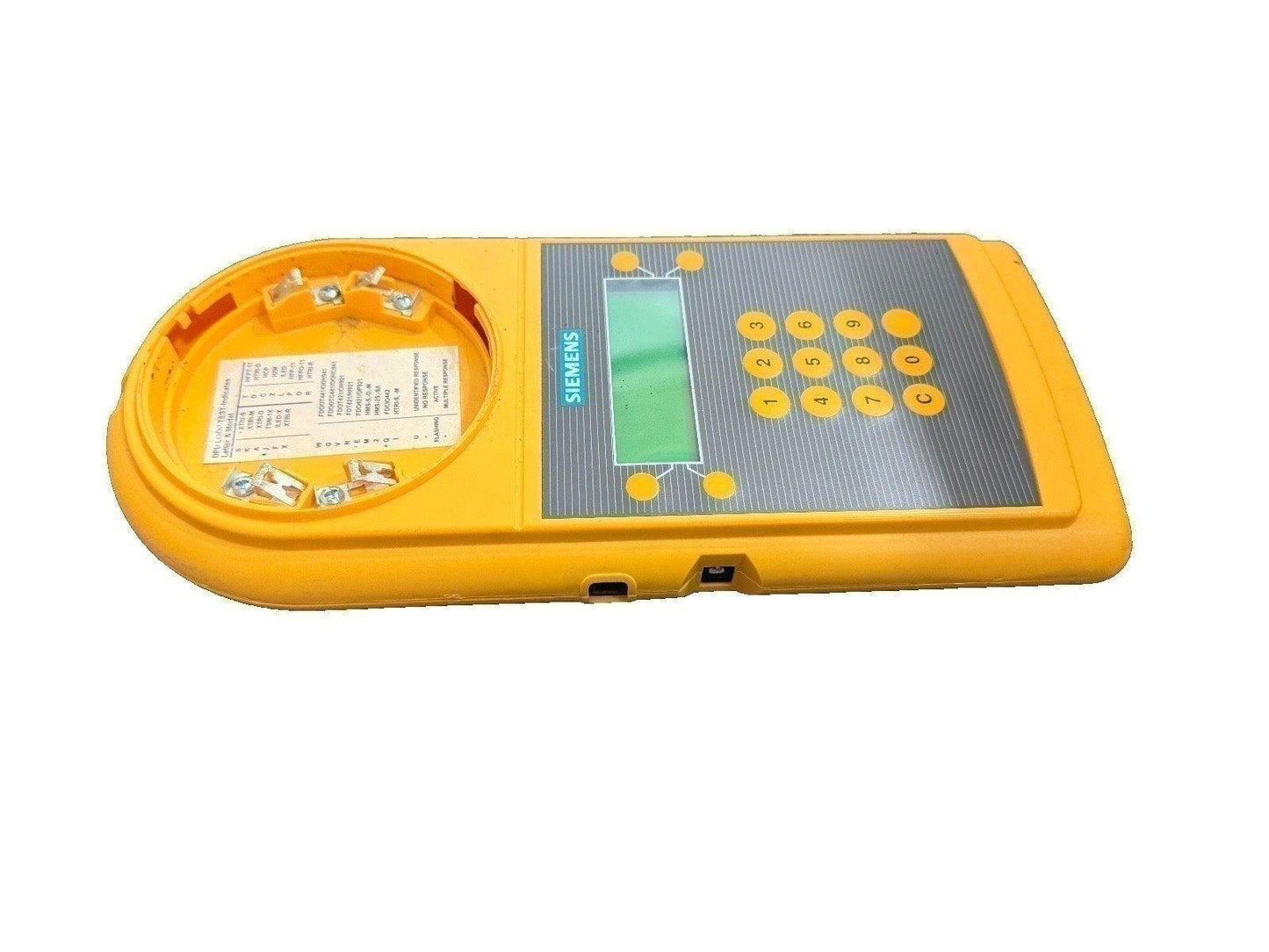 Yellow Siemens fire alarm control panel with keypad and LCD display for system testing and diagnostics