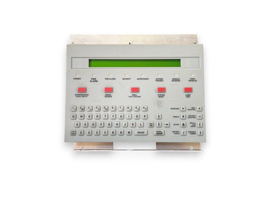 Fire alarm control panel with keypad, red buttons, and green display for security systems