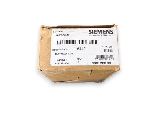 Siemens fire alarm part S54329-F45-A2 in original packaging, model SLSPSWW-ALA, made in Mexico
