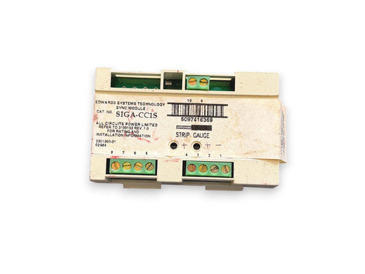 Edwards SIGA-CC1S sync module for fire alarm systems with terminal connections and strip gauge