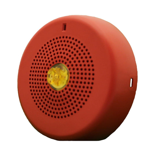 Red fire alarm strobe with yellow light and perforated speaker grille for emergency alerts