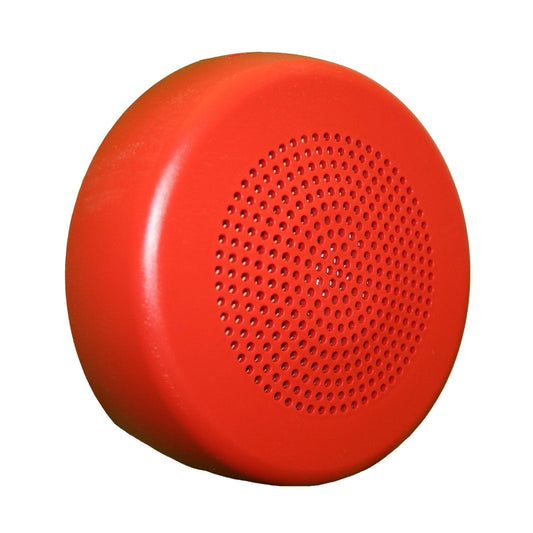 Red fire alarm speaker with perforated grille for emergency alert systems