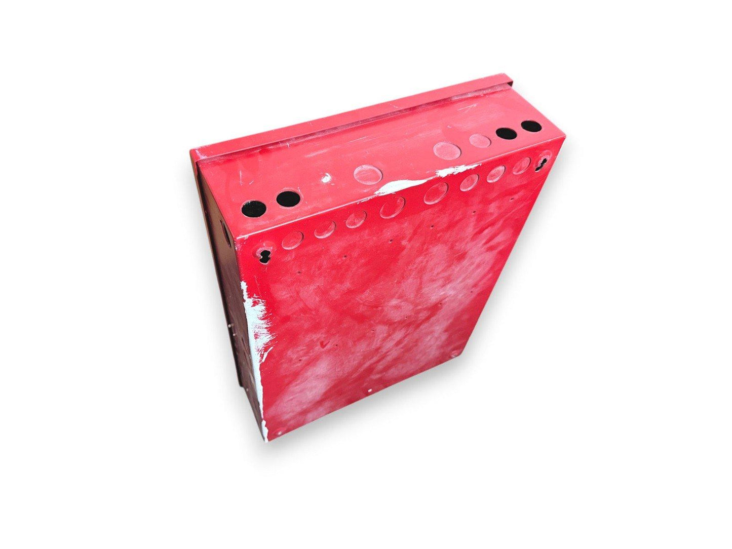Red fire alarm control panel enclosure with mounting holes, used fire safety equipment