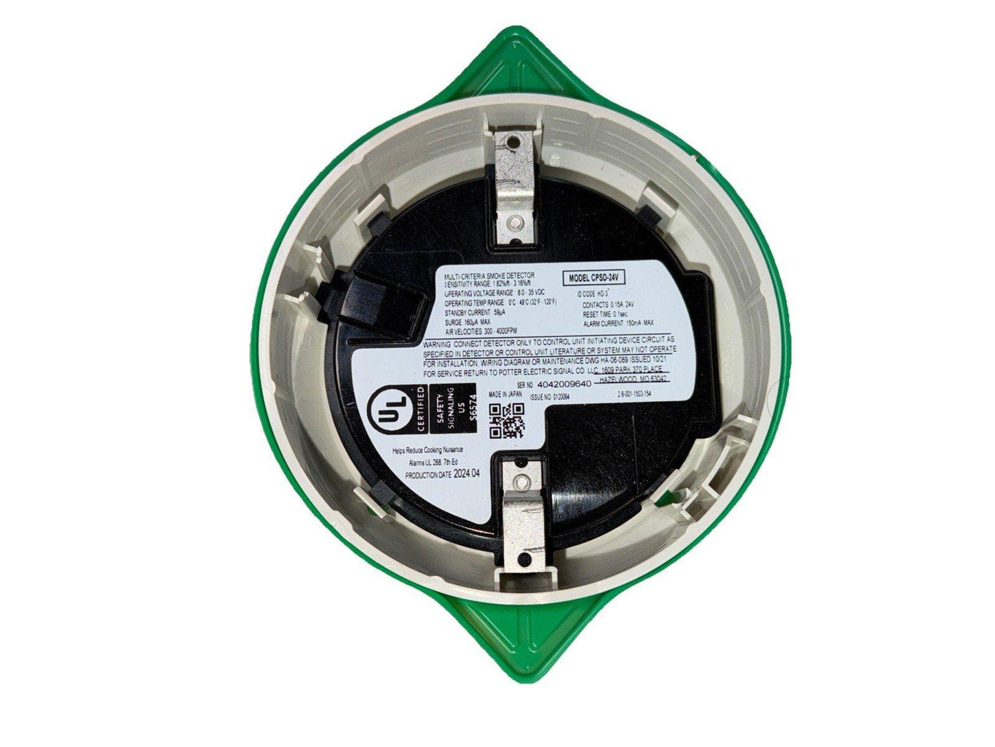 CPSD-24V multi-criteria smoke detector with UL certification, green housing, and technical specs label