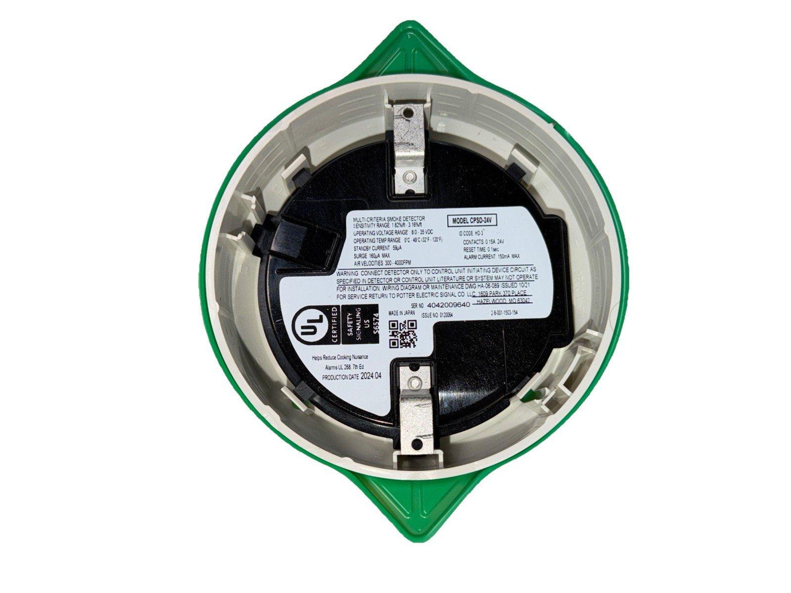 CPSD-24V multi-criteria smoke detector with UL certification, green housing, and technical specs label