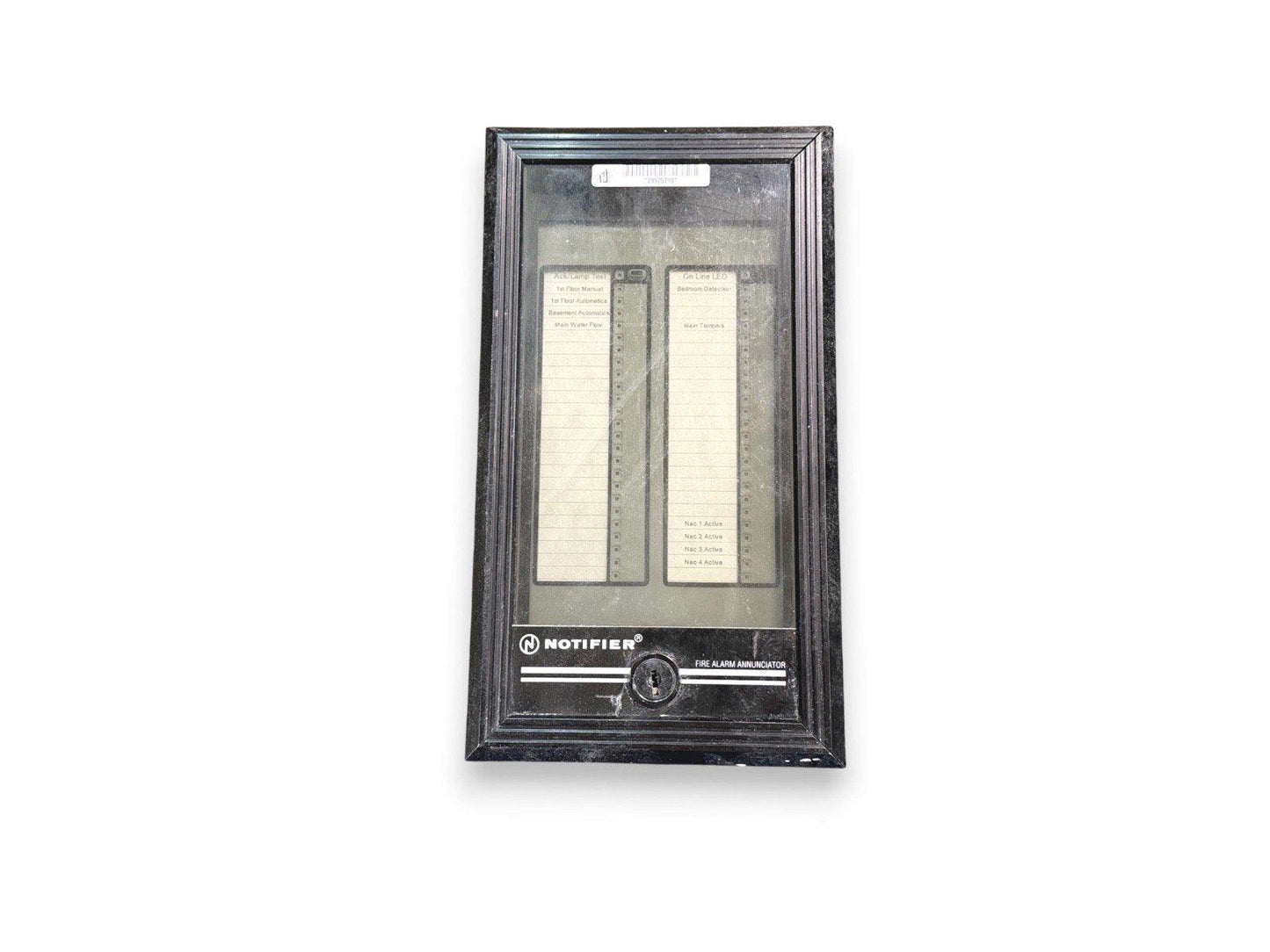 Notifier fire alarm annunciator panel with zone indicators and key lock, used commercial safety equipment