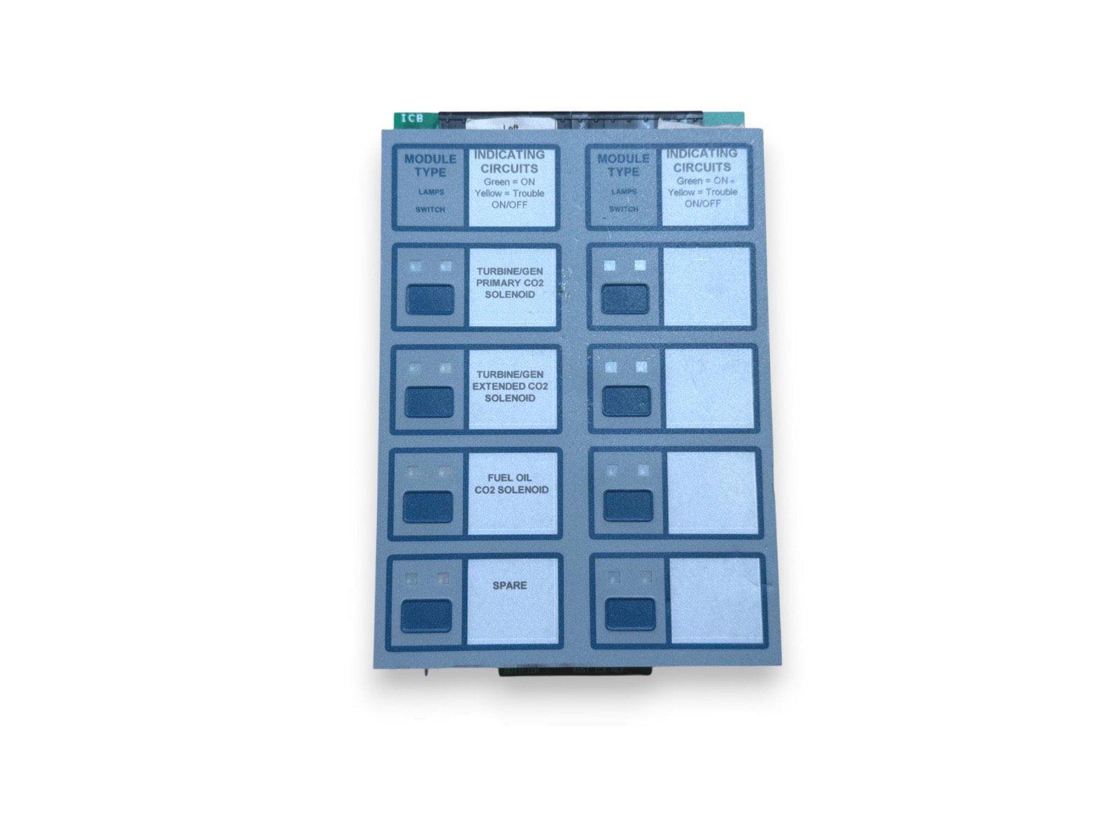 Fire alarm control panel module with CO2 solenoid switches and indicating circuits for turbine, fuel oil, spare