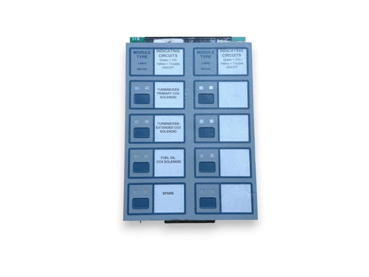 Fire alarm control panel module with CO2 solenoid switches and indicating circuits for turbine, fuel oil, spare