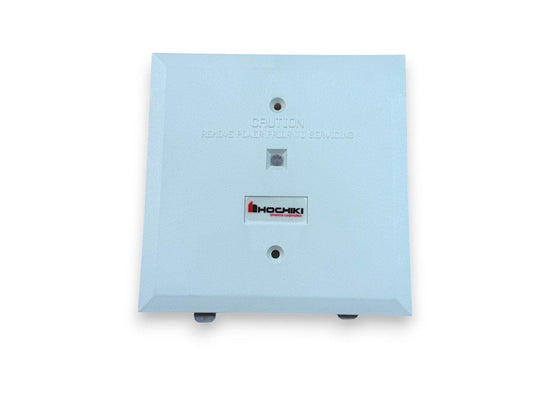 Hochiki fire alarm device with caution label and power warning, used fire safety equipment