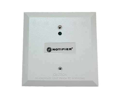 Notifier fire alarm control panel with green status light and caution label