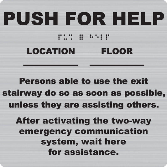 Push for Help sign with Braille, location/floor fields, and emergency instructions for fire alarm systems