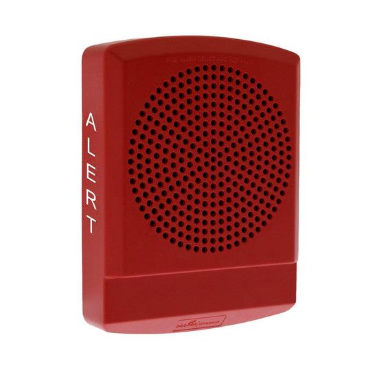 Red fire alarm device with ALERT label and speaker grille, Cooper Wheelock brand
