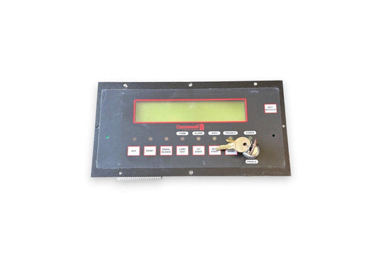 Gamewell fire alarm control panel with LCD display, function buttons, and key switch for system management