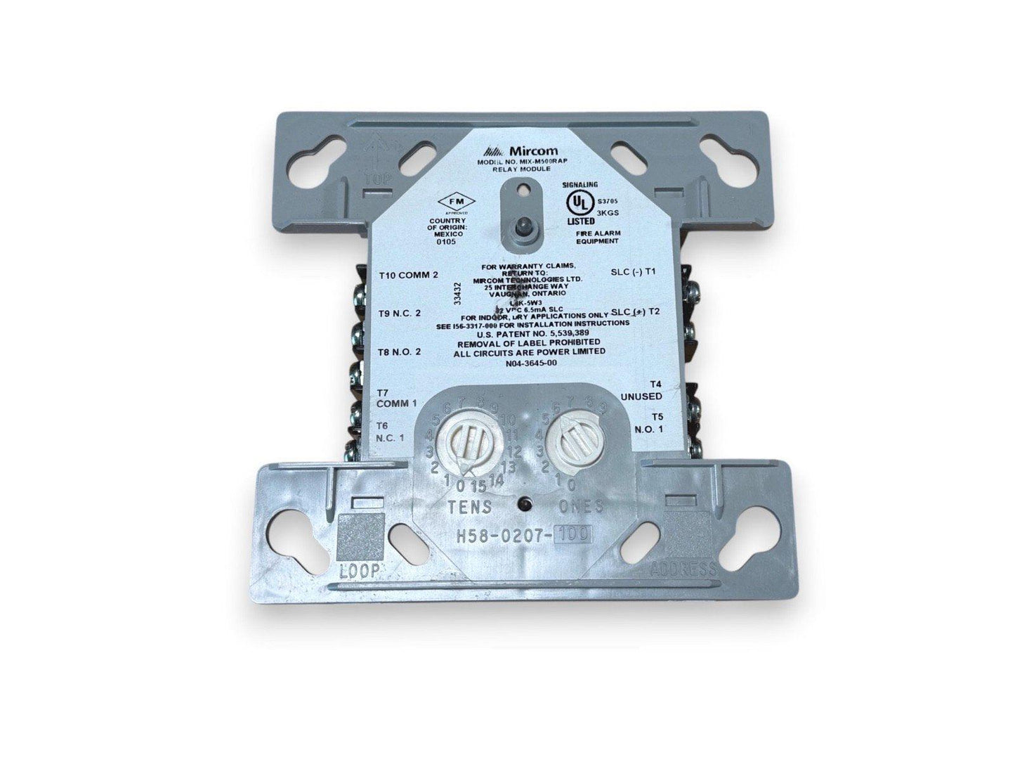 Mircom M500RAP fire alarm relay module with UL listed signaling, addressable DIP switches, and terminal connections