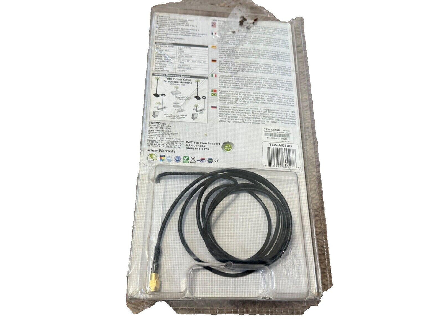 TRENDnet 7dBi indoor omni-directional antenna with SMA connector, packaged for wireless networking solutions