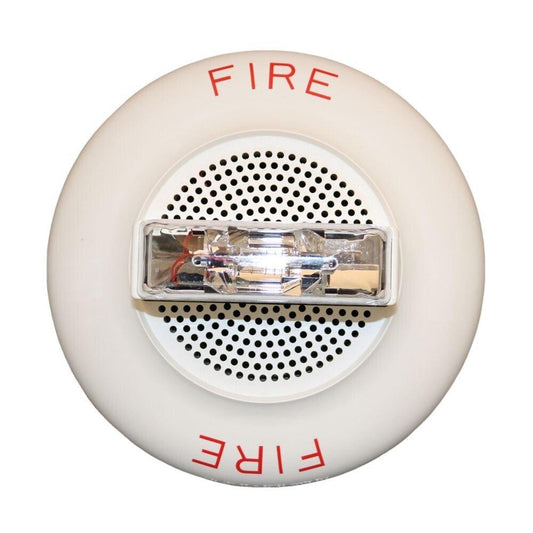 White fire alarm with red FIRE text and visible strobe light, for home or commercial safety systems