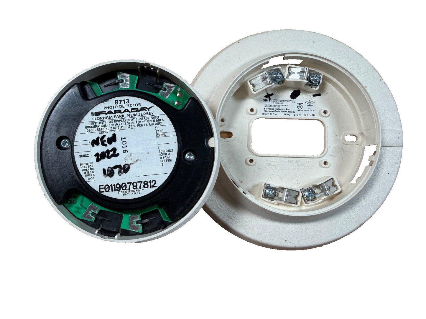 Faraday 8713 photoelectric smoke detector with DB-11 base, new surplus fire alarm equipment