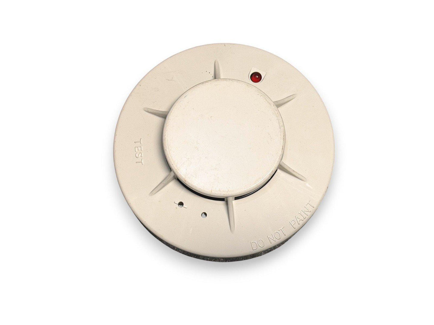 White smoke detector with test button and red LED, labeled 'DO NOT PAINT' for fire alarm systems