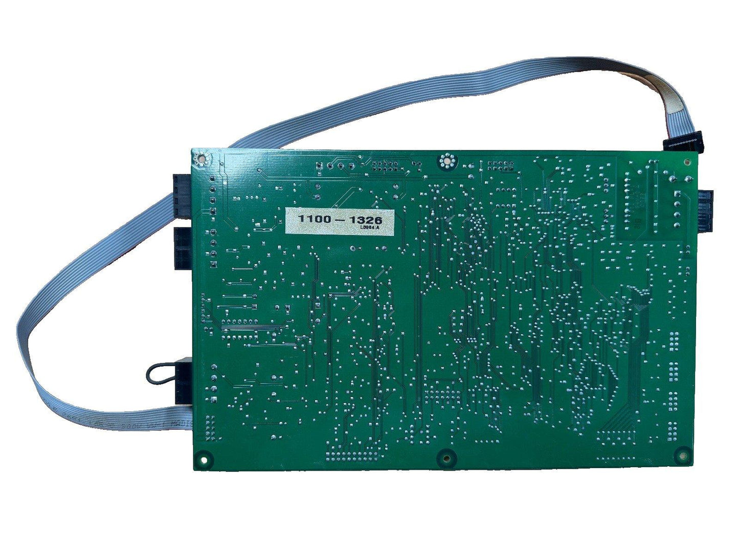 Green fire alarm control panel circuit board with ribbon cable, model 1100-1326, for commercial security systems