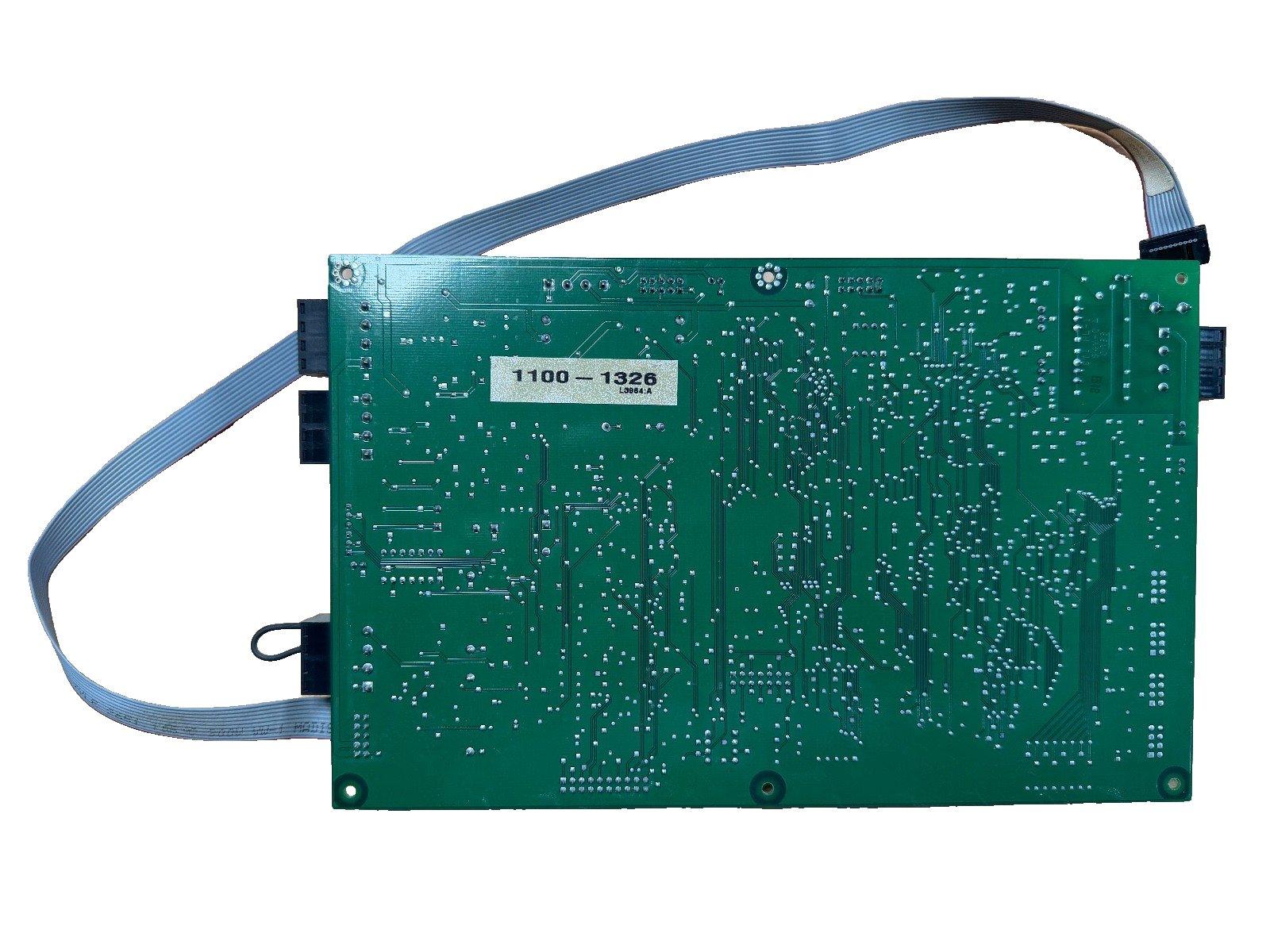 Green fire alarm control panel circuit board with ribbon cable, model 1100-1326, for commercial security systems