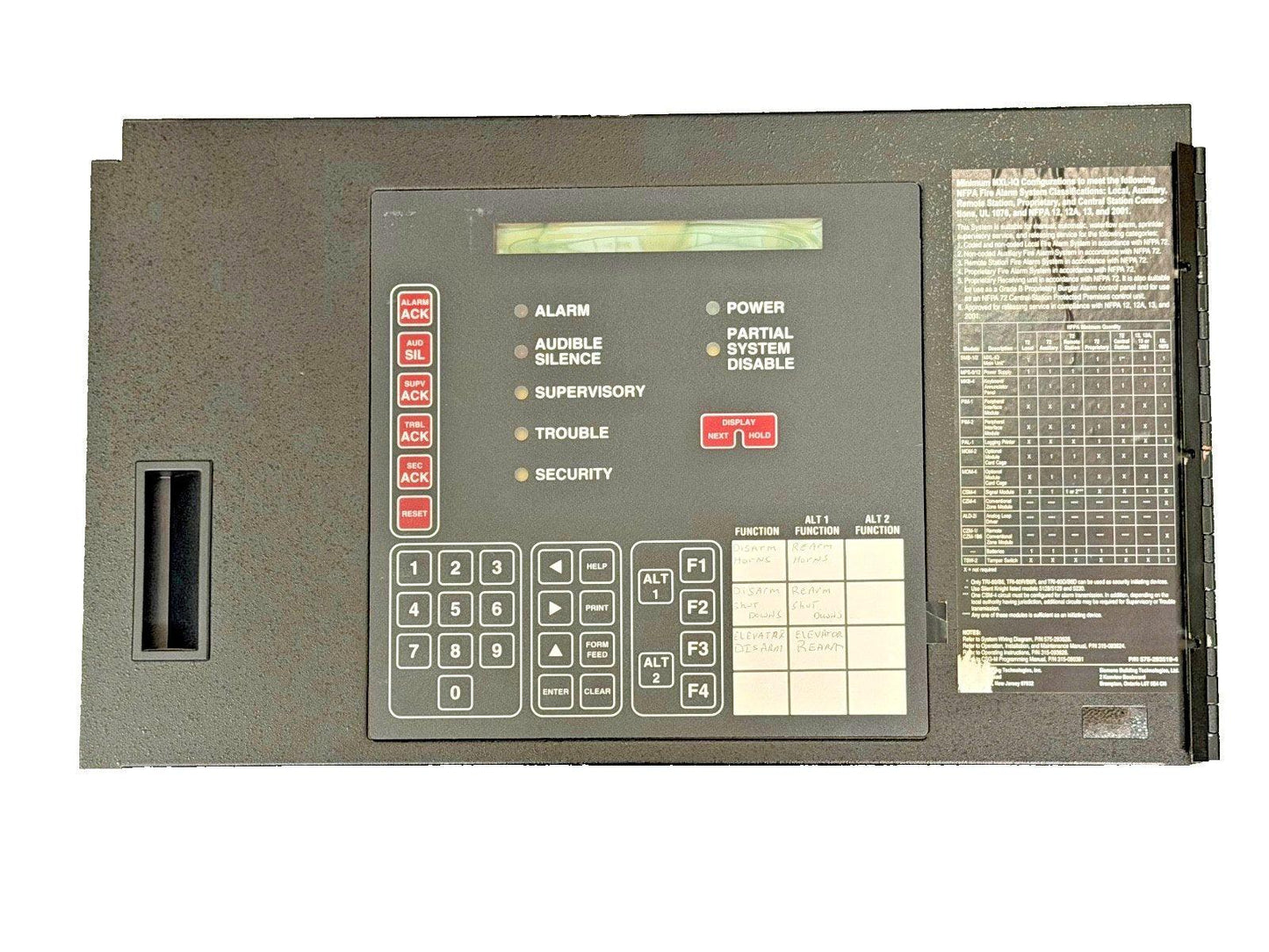 Fire alarm control panel with keypad, status indicators, and function buttons for system monitoring and security