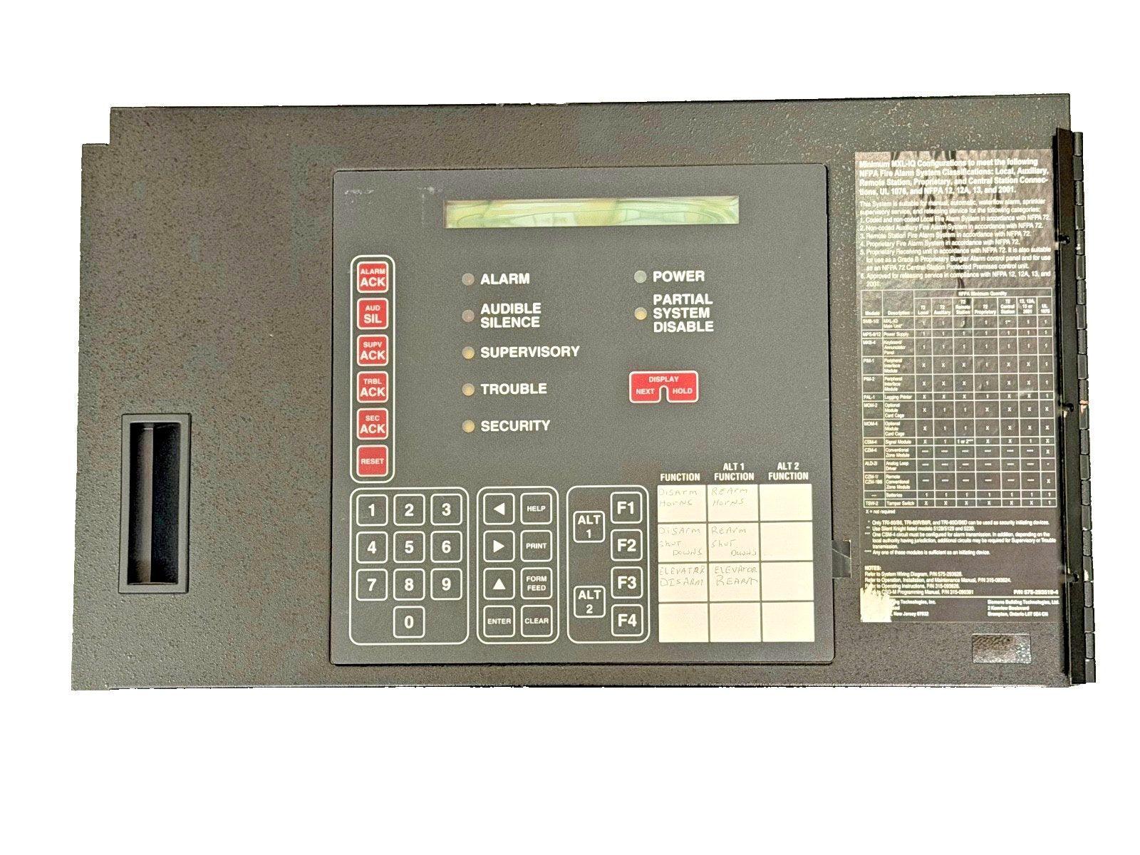 Fire alarm control panel with keypad, status indicators, and function buttons for system monitoring and security