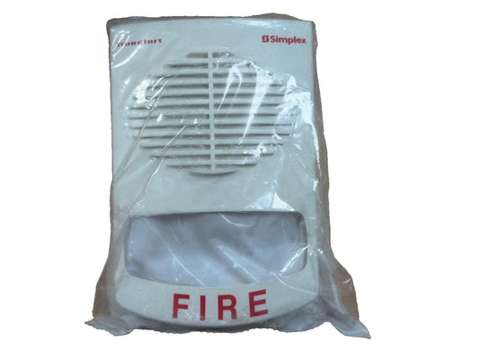 Simplex TrueAlert fire alarm horn strobe in plastic wrap, white with red FIRE label