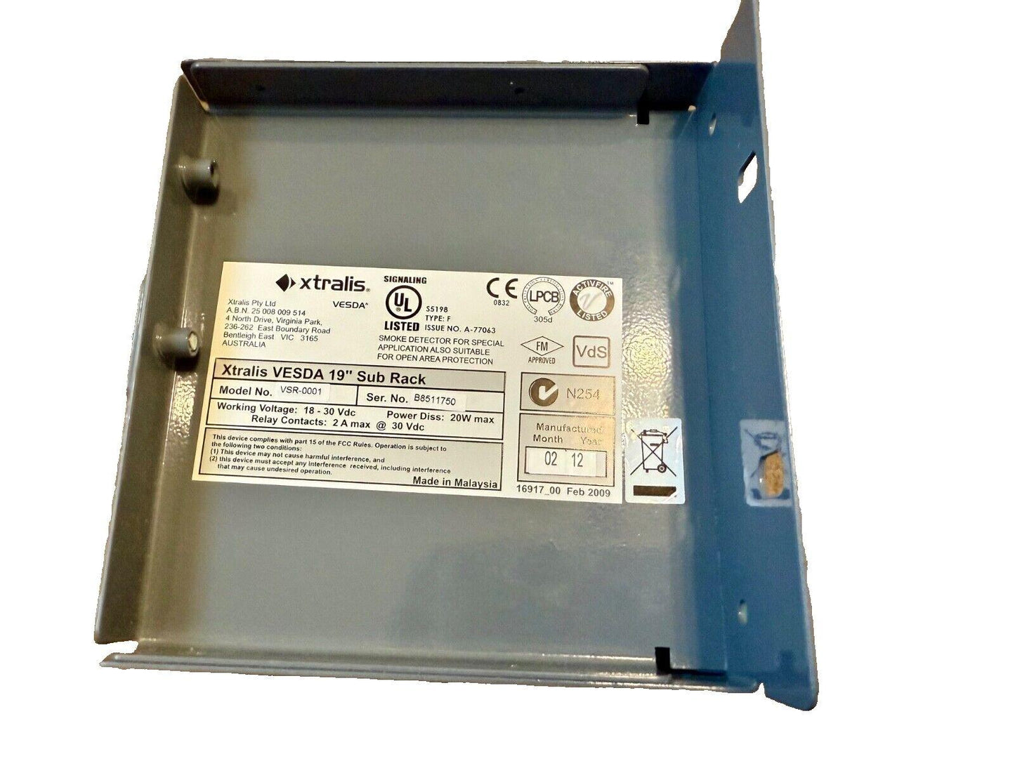 Xtralis VESDA 19" Sub Rack fire alarm component with UL, FM, VdS certifications for open area protection