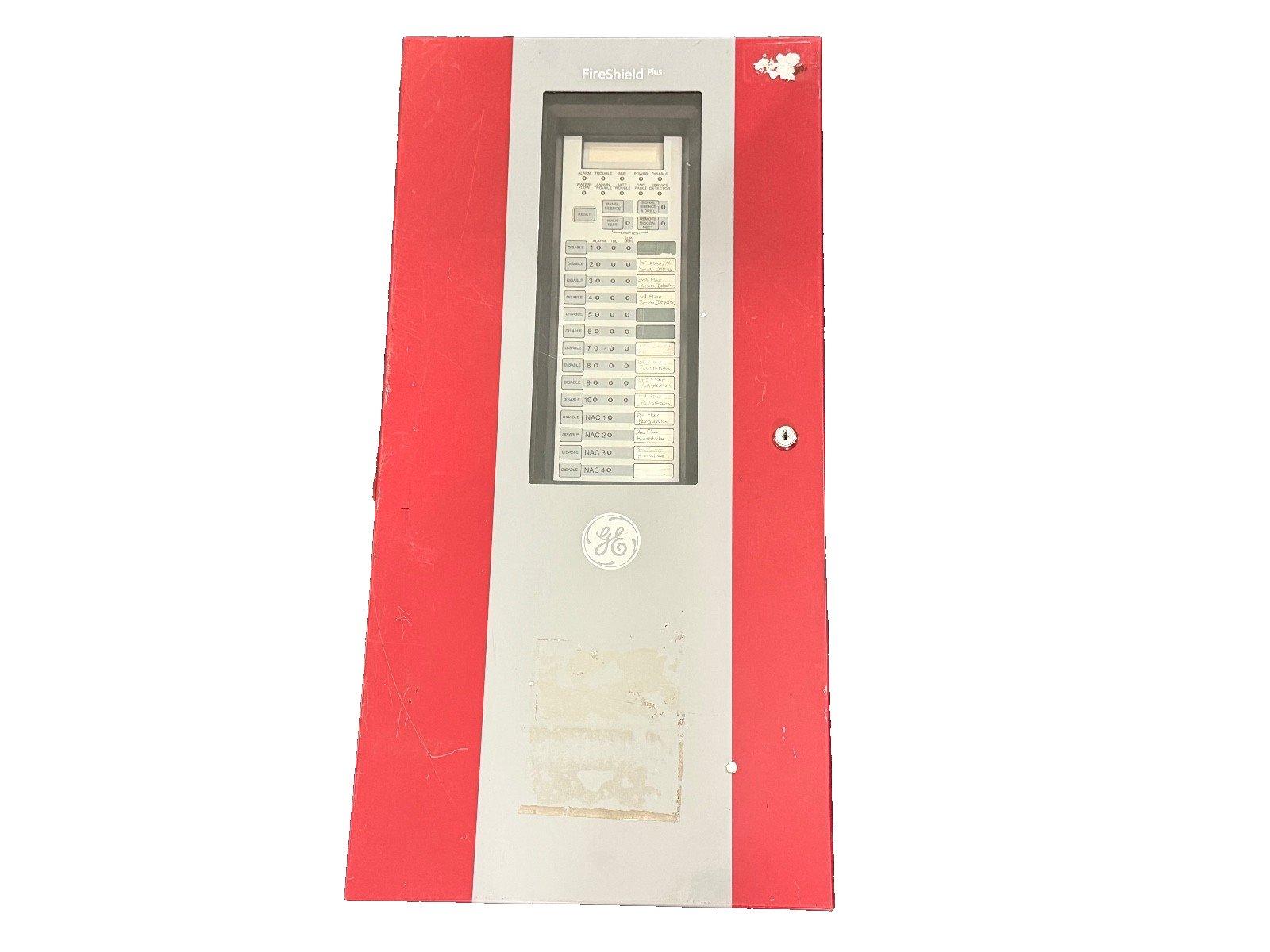 FireShield Plus fire alarm control panel with GE logo, red and gray casing, used fire safety equipment