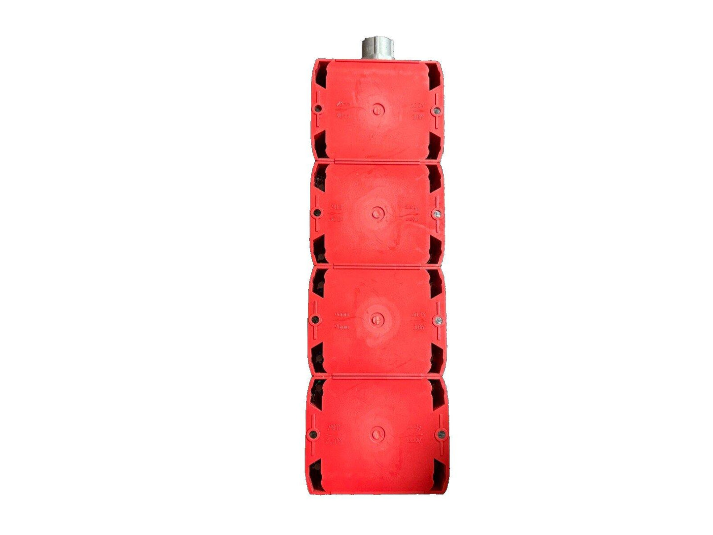 Red fire alarm pull station with four stacked units and metal top cap