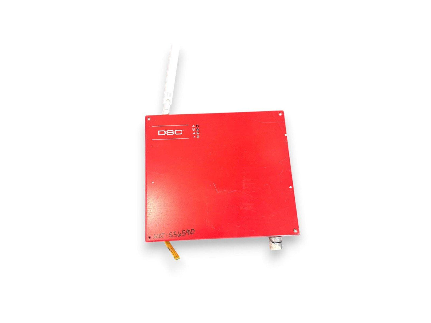 Red DSC fire alarm communicator with antenna, model ACT-S56590, for security systems