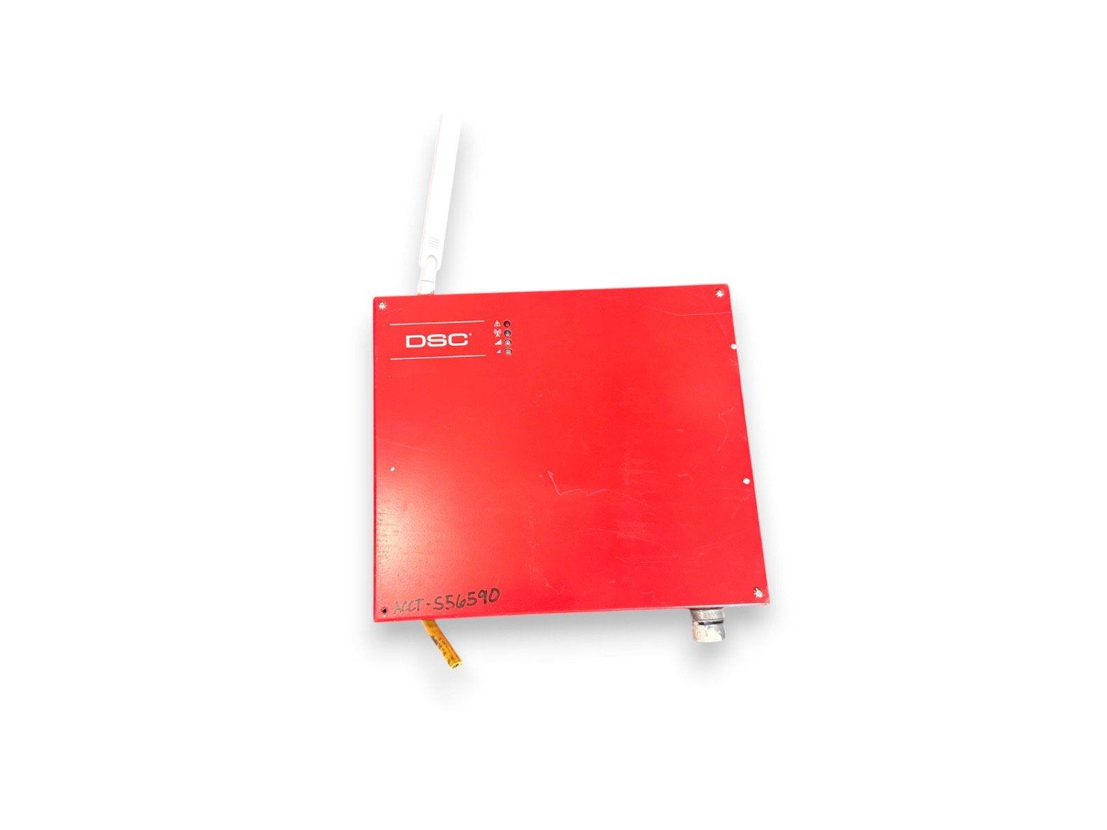 Red DSC fire alarm communicator with antenna, model ACT-S56590, for security systems