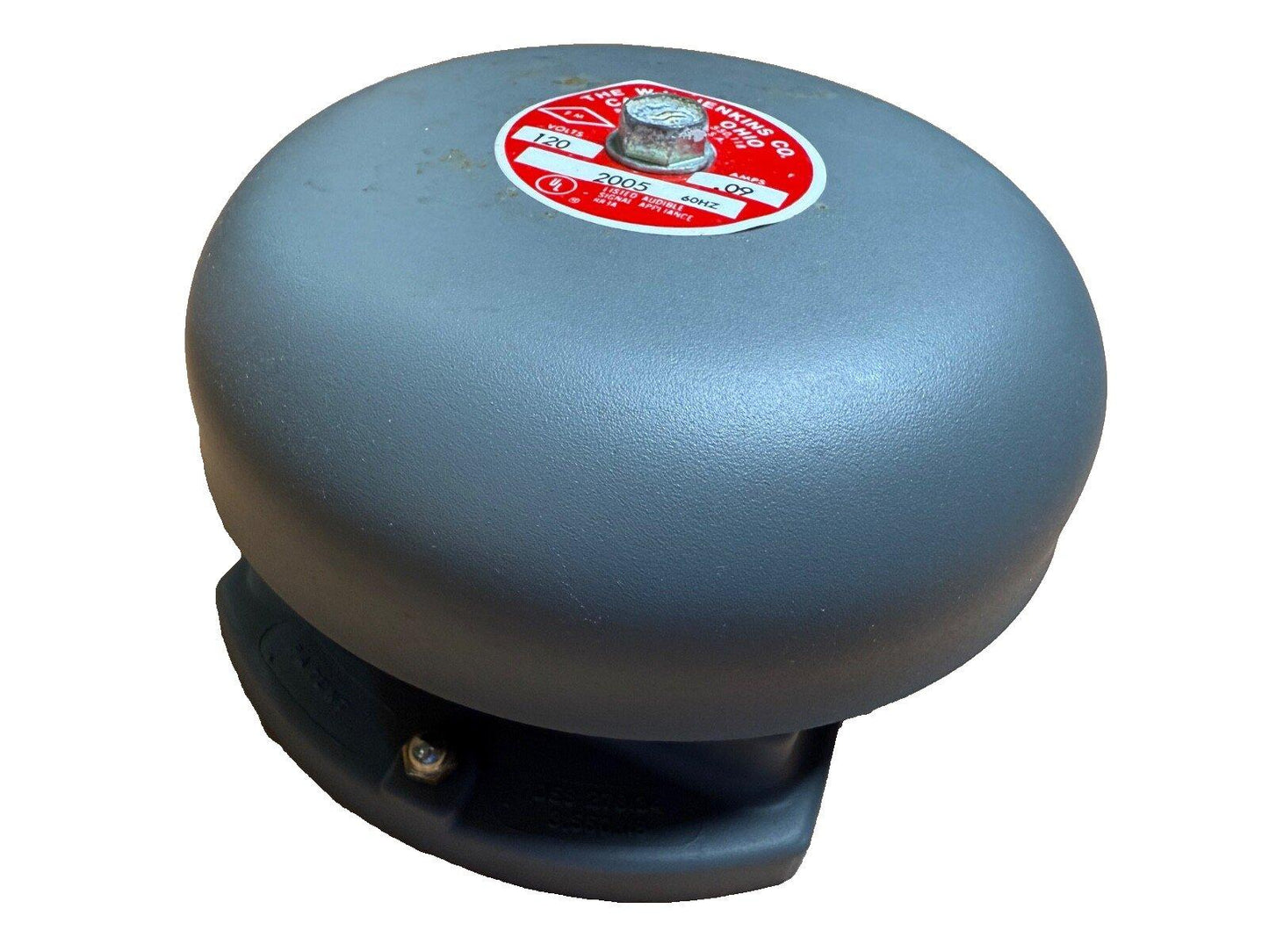 Used 120V fire alarm bell with red label, model 2005, for commercial fire safety systems