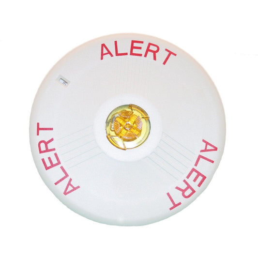 White fire alarm strobe with red ALERT text and yellow LED light for emergency signaling