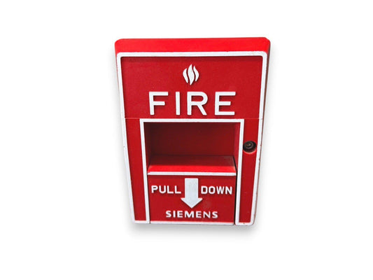 Red Siemens fire alarm pull station with 'PULL DOWN' handle and flame icon