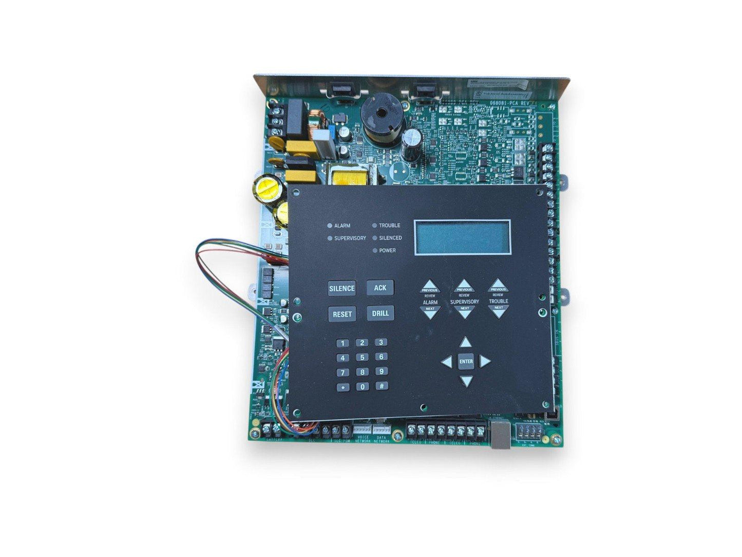 Fire alarm control panel with keypad, LCD display, and status indicators for alarm, trouble, supervisory, and power