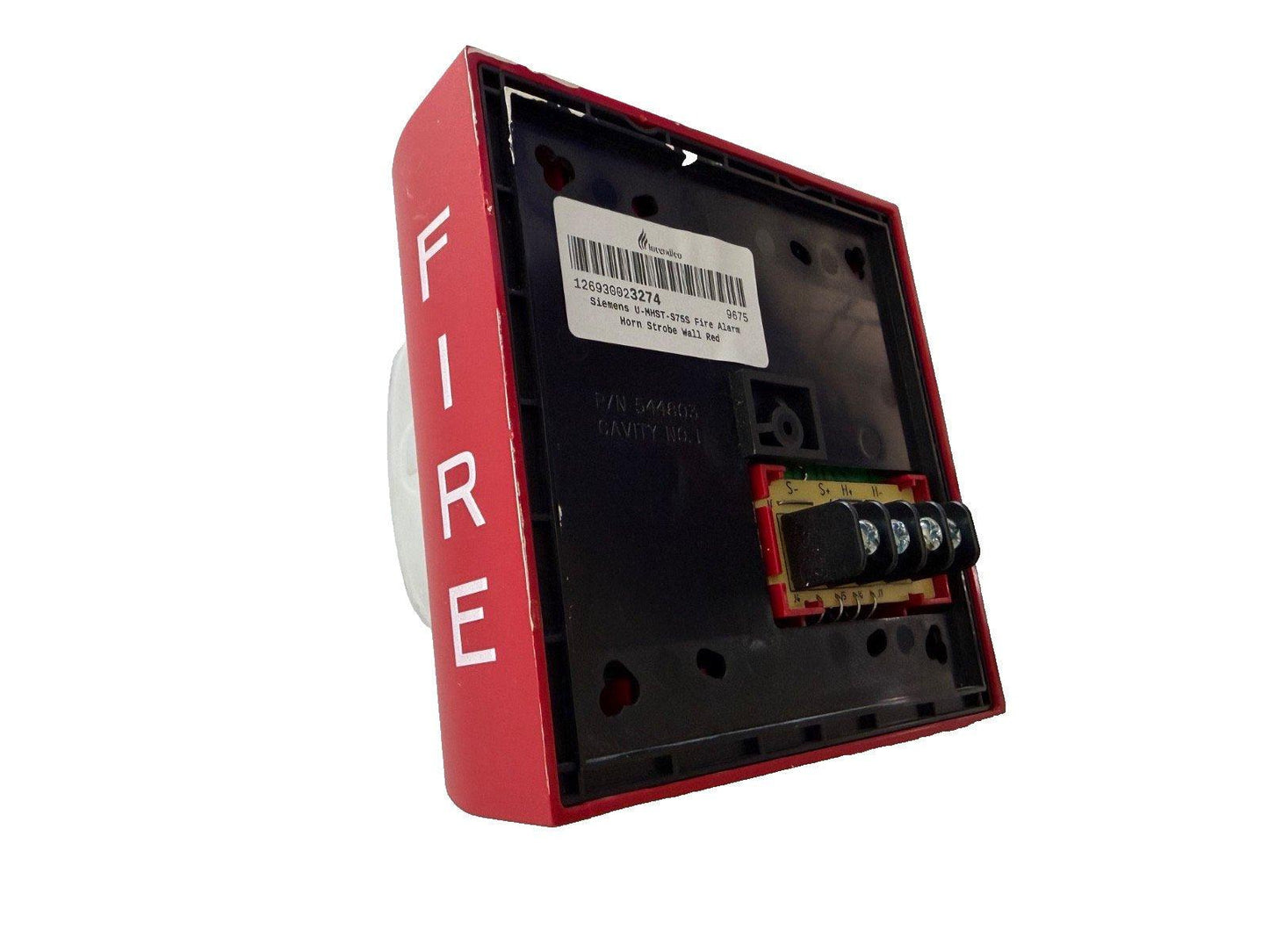 Red Siemens U-NHST-S75S fire alarm horn strobe with wiring terminals and label, wall-mounted safety device