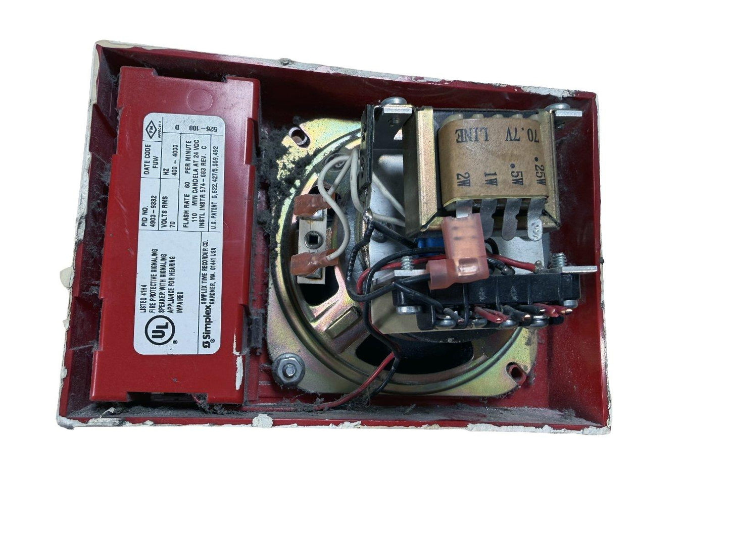 Used fire alarm speaker with wiring and UL label, red housing, for hearing impaired safety