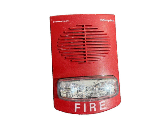 Red Simplex TrueAlert fire alarm with strobe light and speaker grille for commercial fire safety systems