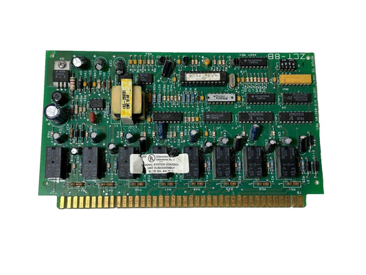 Green fire alarm control panel circuit board with UL listed components and gold edge connectors