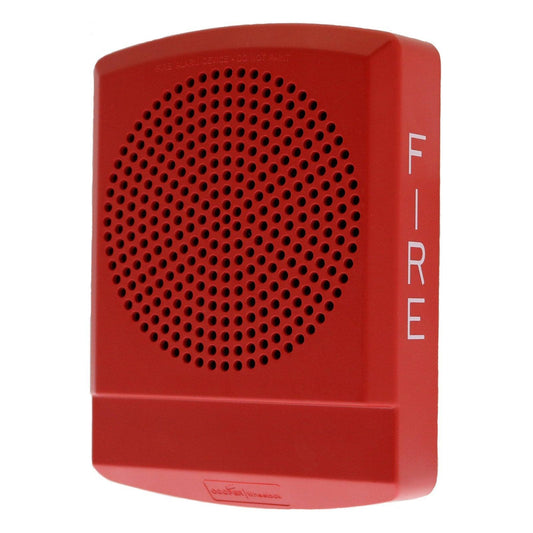 Red fire alarm speaker with perforated grille and 'FIRE' label, safety device for emergency alerts