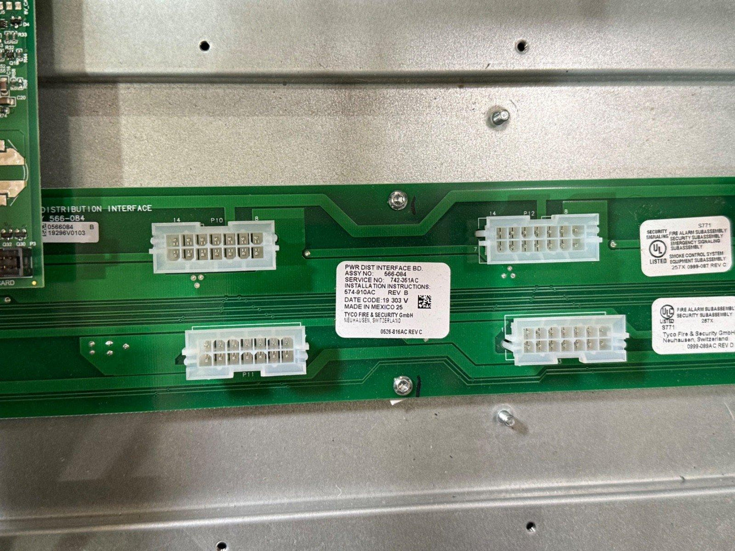 Tyco fire alarm control panel circuit board with power distribution interface and UL listed connectors