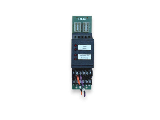 LM-44 fire alarm module with labeled zones and wiring terminals for second floor and basement