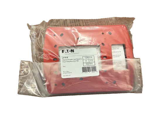 Eaton LFTP-R red fire alarm mounting plate, packaged for shipping, compatible with Wheelock Exceder systems