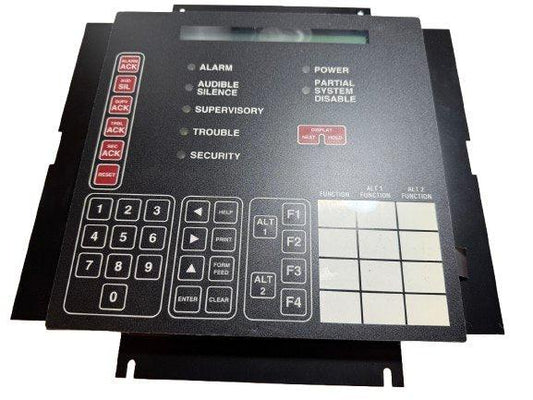 Fire alarm control panel with keypad, status indicators, and function buttons for security and system management