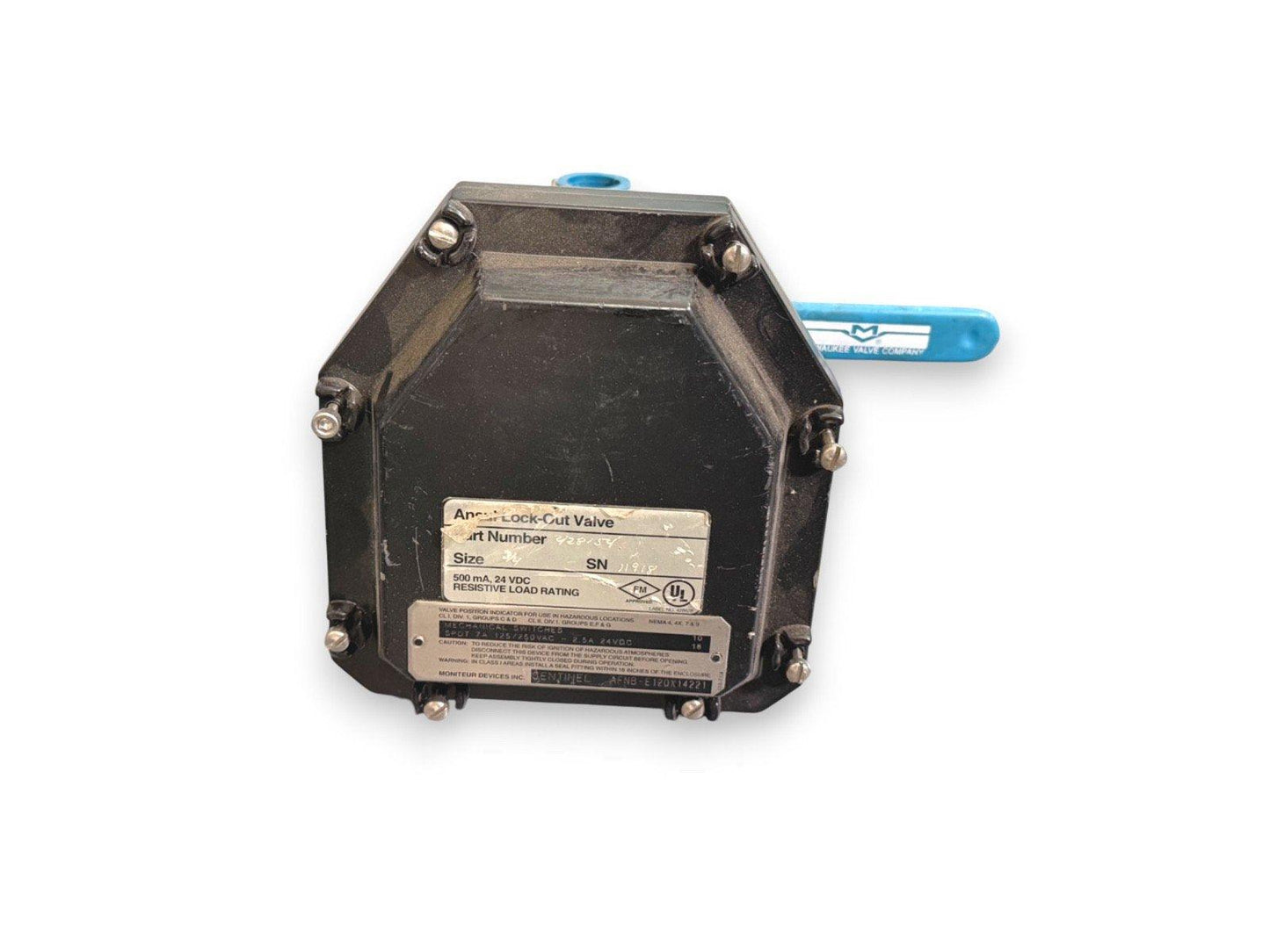 Black industrial lock-out valve with blue handle, labeled for fire alarm systems, 24 VDC, UL listed