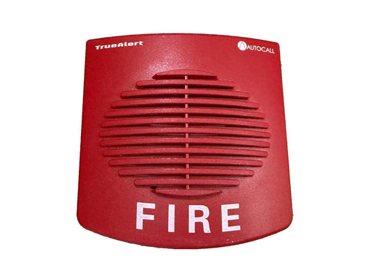 Red TrueAlert fire alarm horn with AUTOCELL logo and bold FIRE label for safety systems