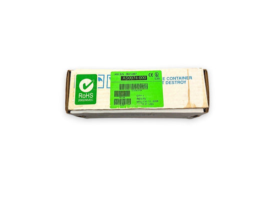 Fire alarm equipment box with RoHS label, model AS0074-000, made in USA, for fire safety systems