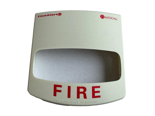 TrueAlert ES fire alarm device with AUTOCALL branding, white housing, red FIRE label, and clear lens