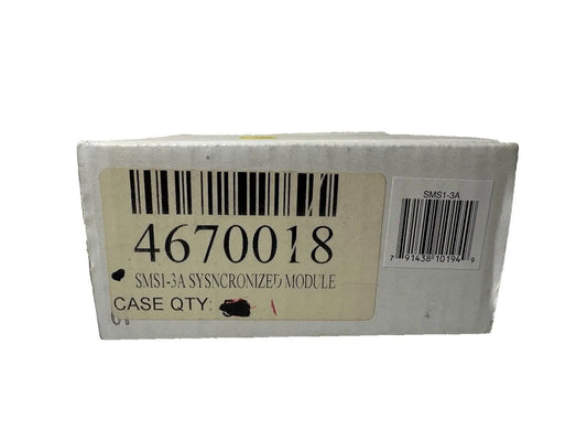 Potter Amseco SMS1-3A 4670018 fire alarm synchronized module box with barcode and product details.